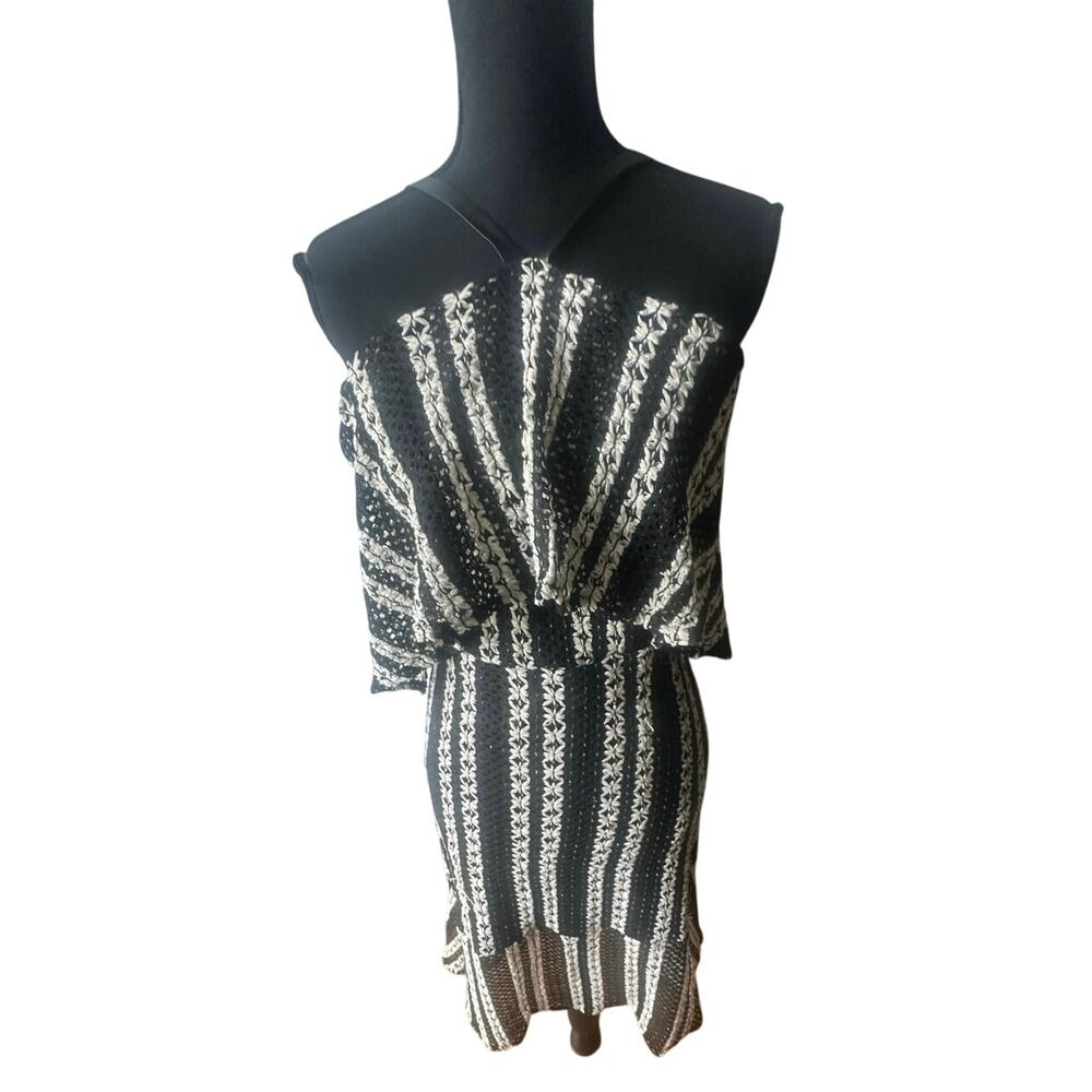 VENUS Black White Crochet Maxi Dress Ruffle Overlay Faux Leather Strap 8
